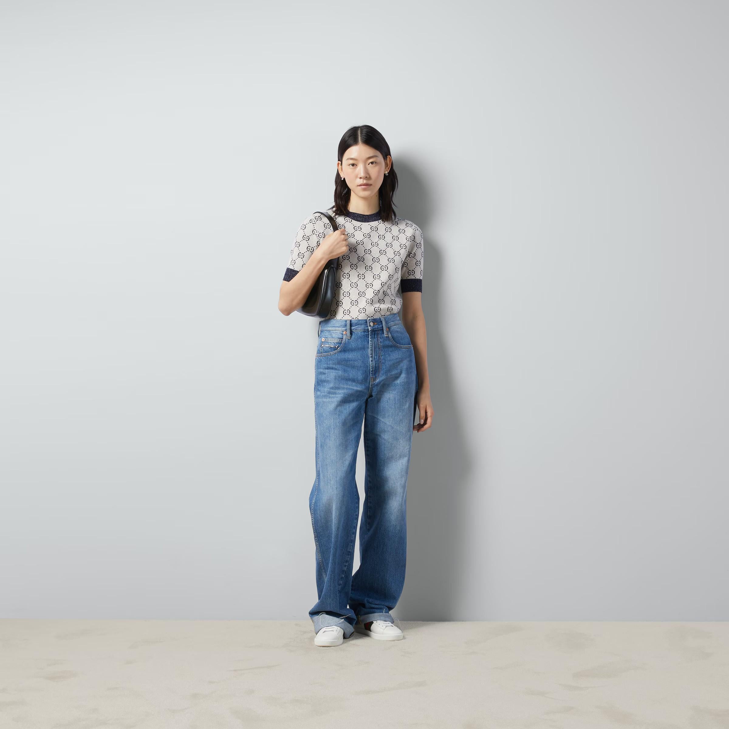 GUCCI cream & blue cotton 2023 GG LAME KNIT Top Shirt M 2