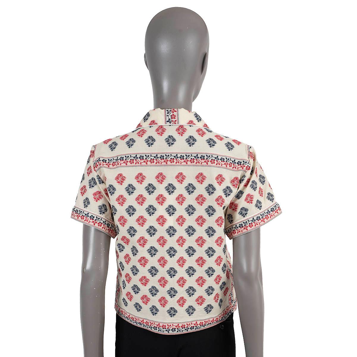 GUCCI cream blue red cotton 2020 FLORAL JACQUARD SHORT SLEEVE Shirt 42 M In Excellent Condition For Sale In Zürich, CH