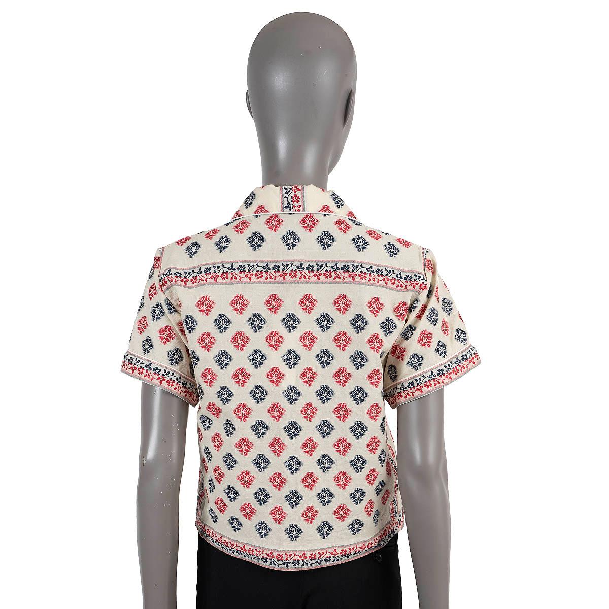 GUCCI cream blue red cotton 2020 FLORAL JACQUARD SHORT SLEEVE Shirt 42 M In Excellent Condition In Zürich, CH