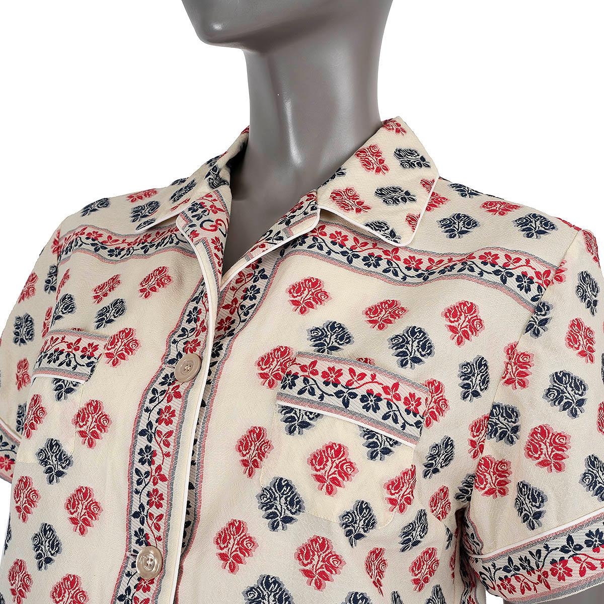 GUCCI cream blue red cotton 2020 FLORAL JACQUARD SHORT SLEEVE Shirt 42 M For Sale 1