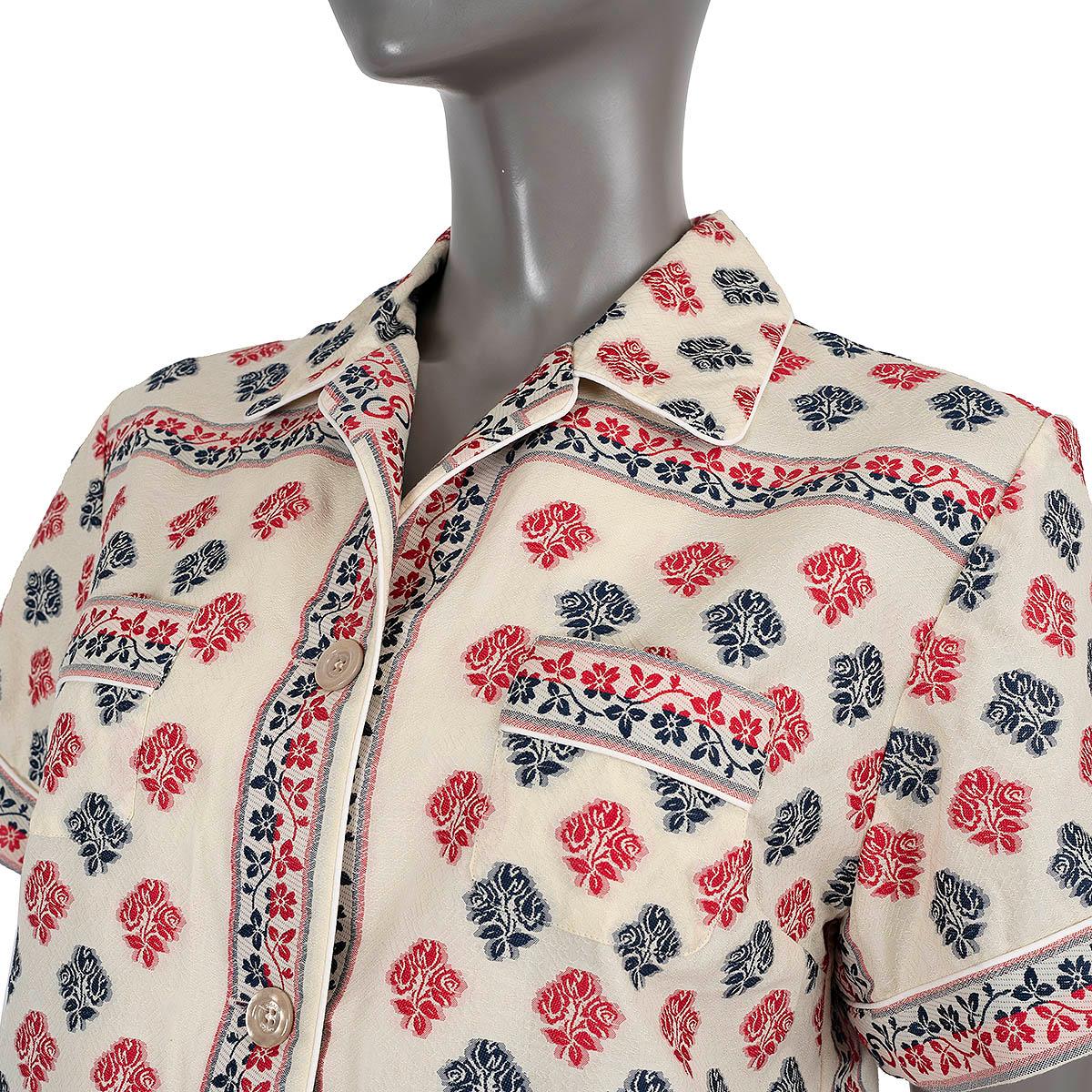 GUCCI cream blue red cotton 2020 FLORAL JACQUARD SHORT SLEEVE Shirt 42 M 1