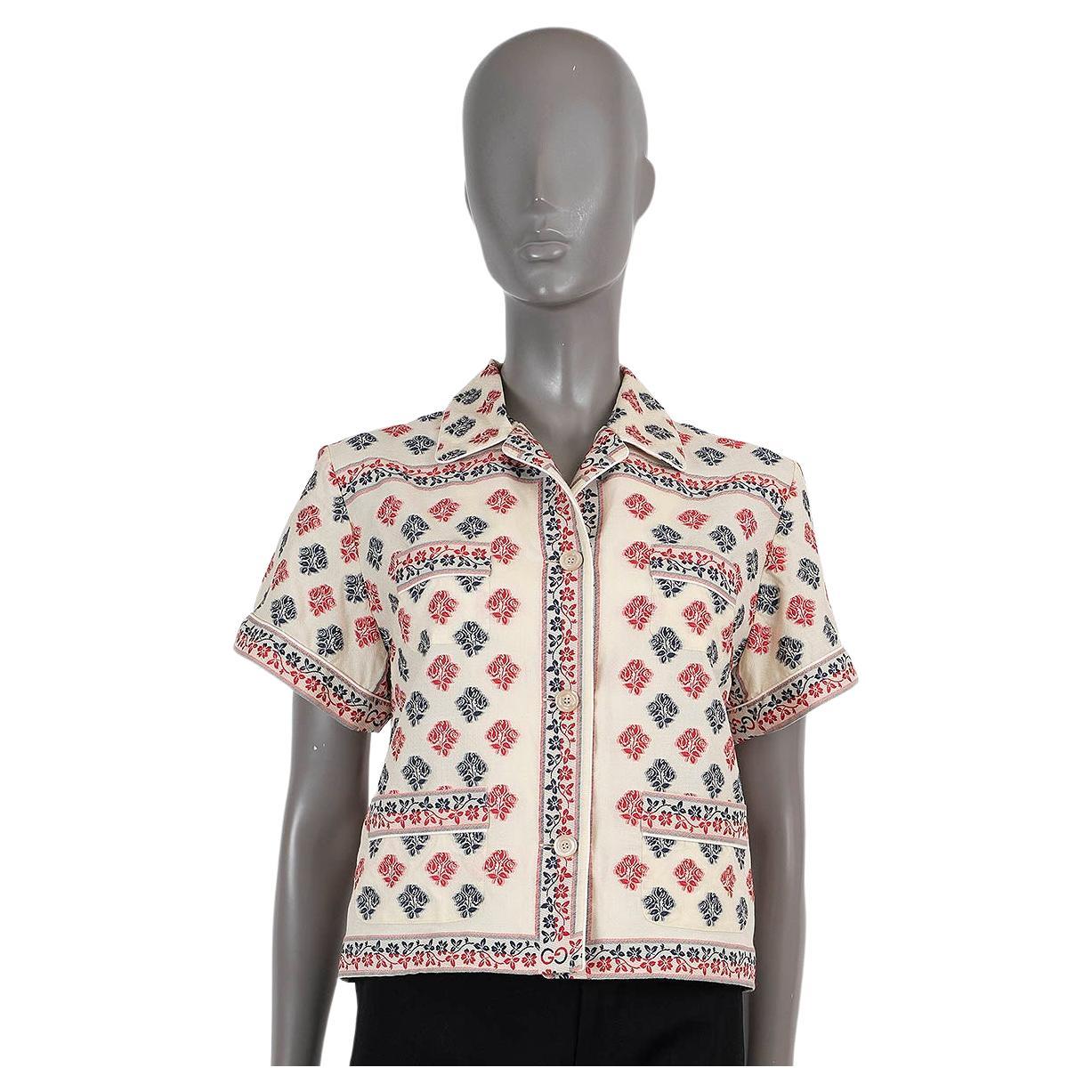 GUCCI cream blue red cotton 2020 FLORAL JACQUARD SHORT SLEEVE Shirt 42 M For Sale