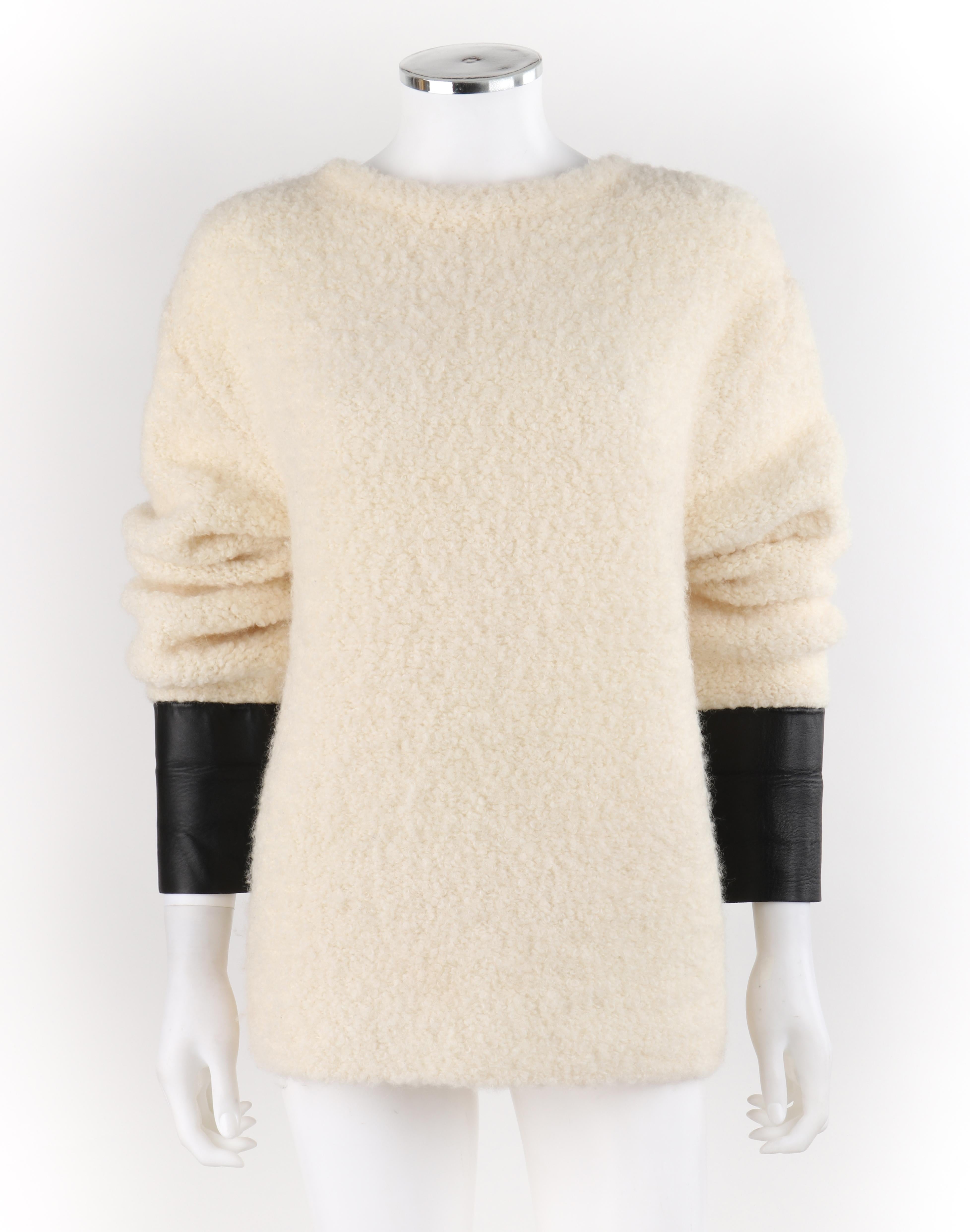 Beige GUCCI Cream Boucle Alpaca Wool Knit Leather Cuffs Oversize Pullover Sweater