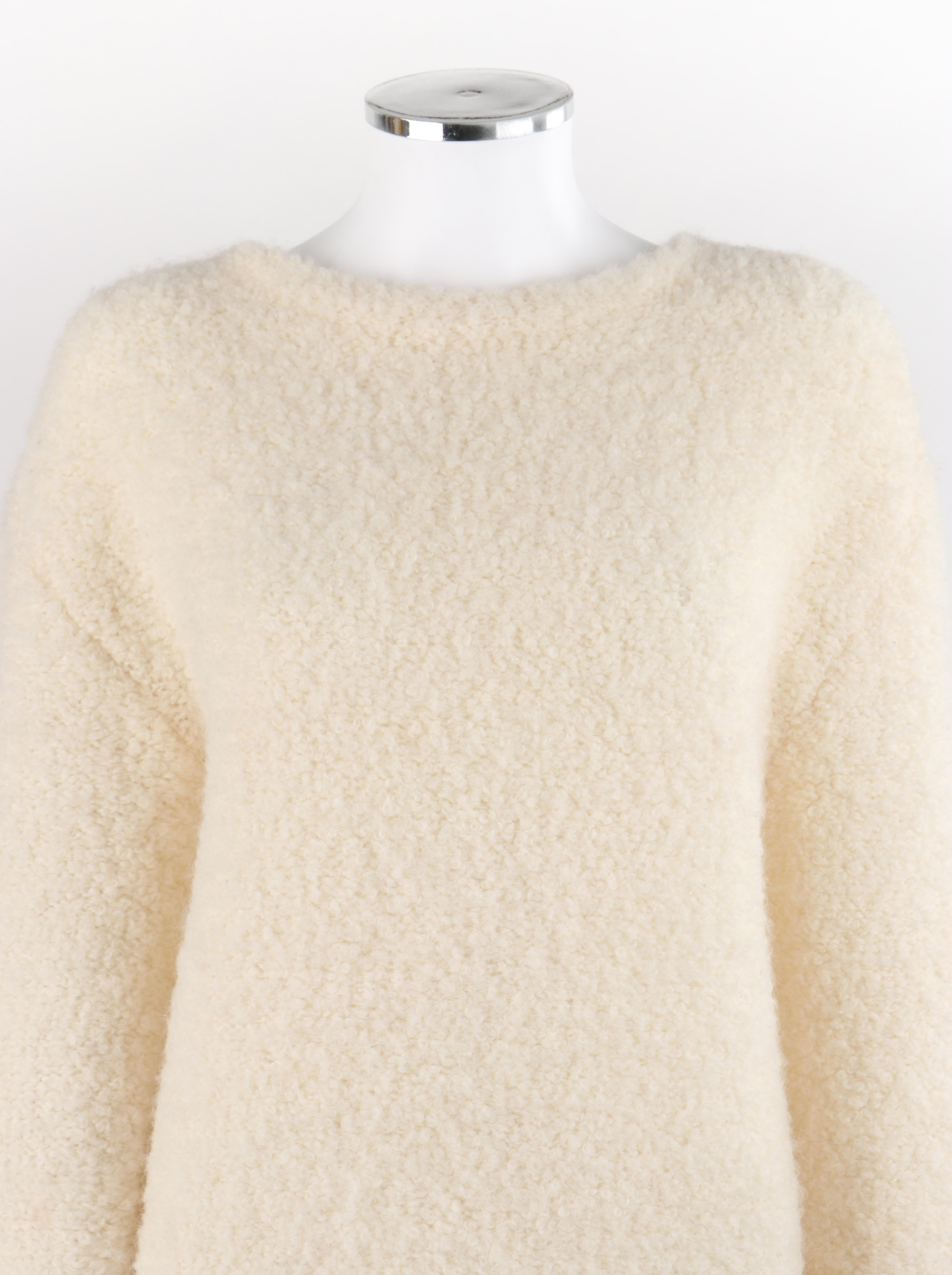 Women's GUCCI Cream Boucle Alpaca Wool Knit Leather Cuffs Oversize Pullover Sweater