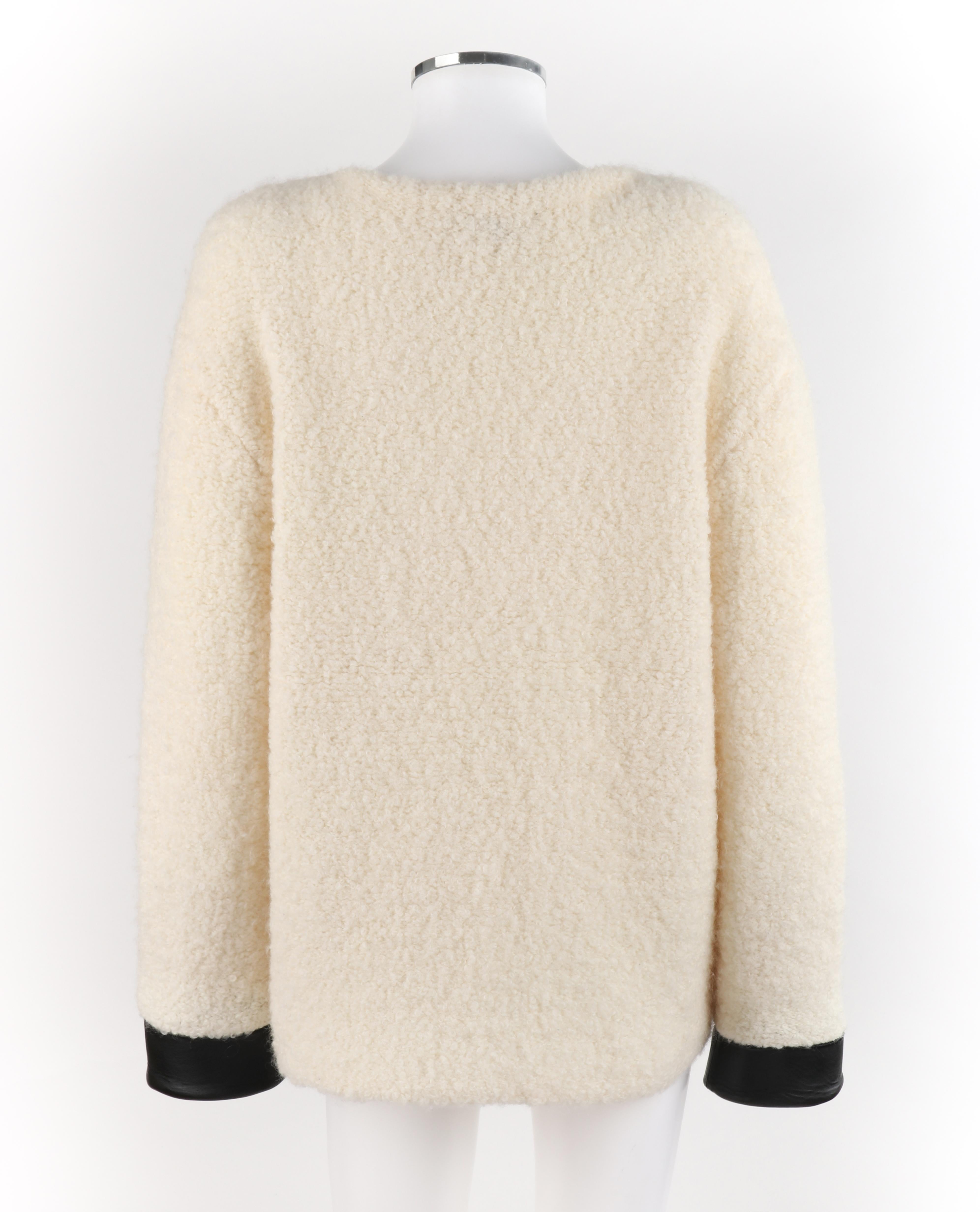 GUCCI Cream Boucle Alpaca Wool Knit Leather Cuffs Oversize Pullover Sweater 3