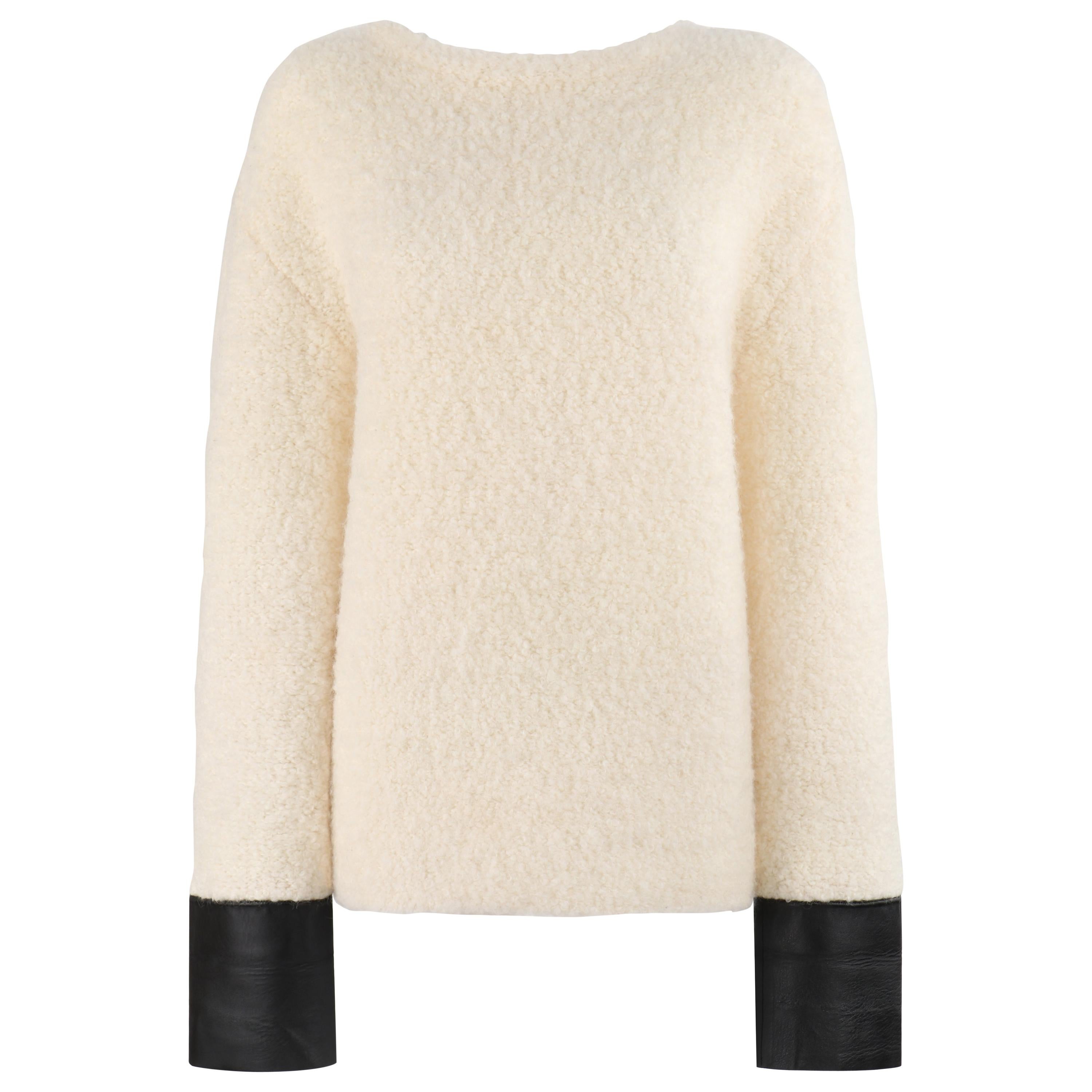 GUCCI Cream Boucle Alpaca Wool Knit Leather Cuffs Oversize Pullover Sweater