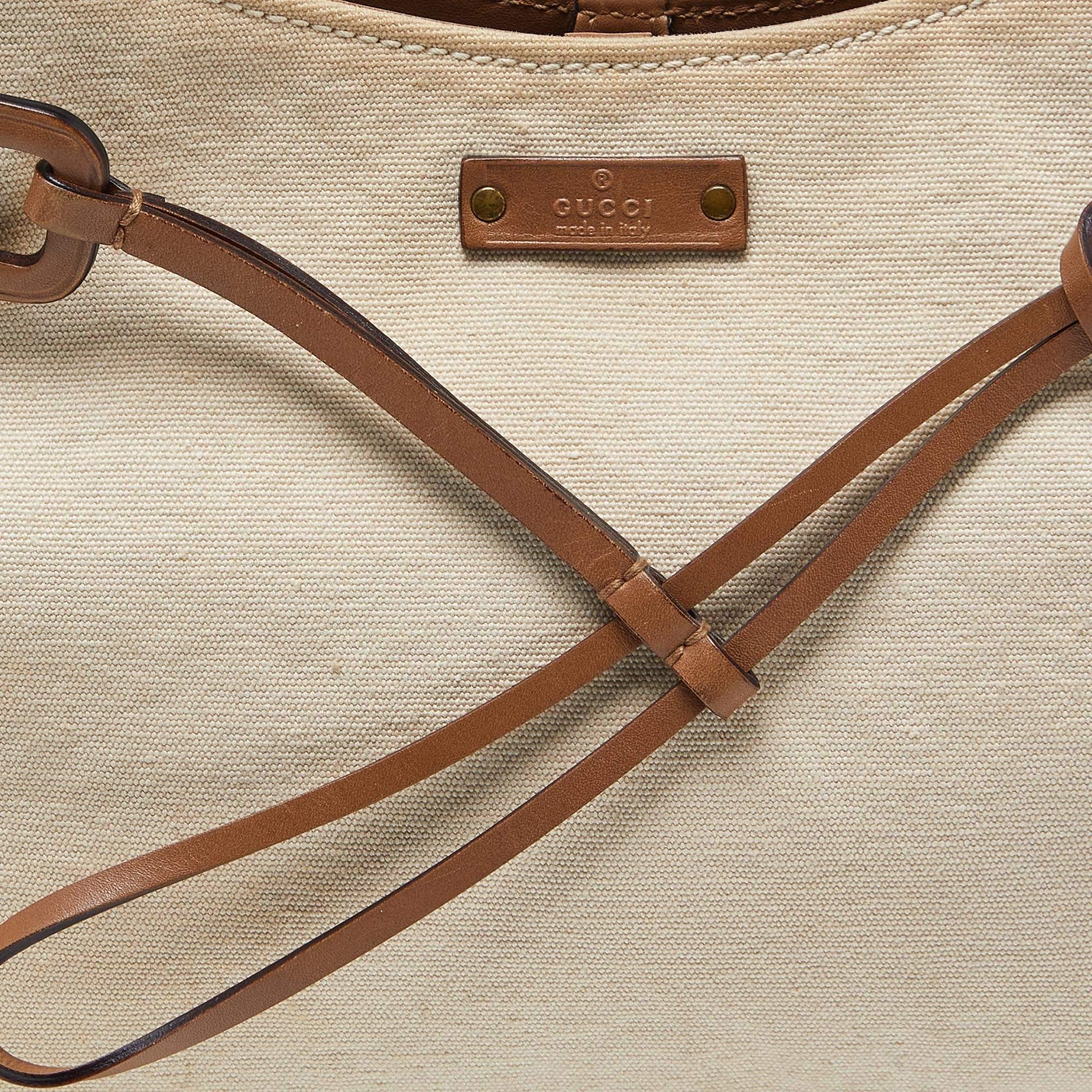 Gucci Cream/Brown Canvas and Leather Bamboo Top Handle Bag For Sale 6