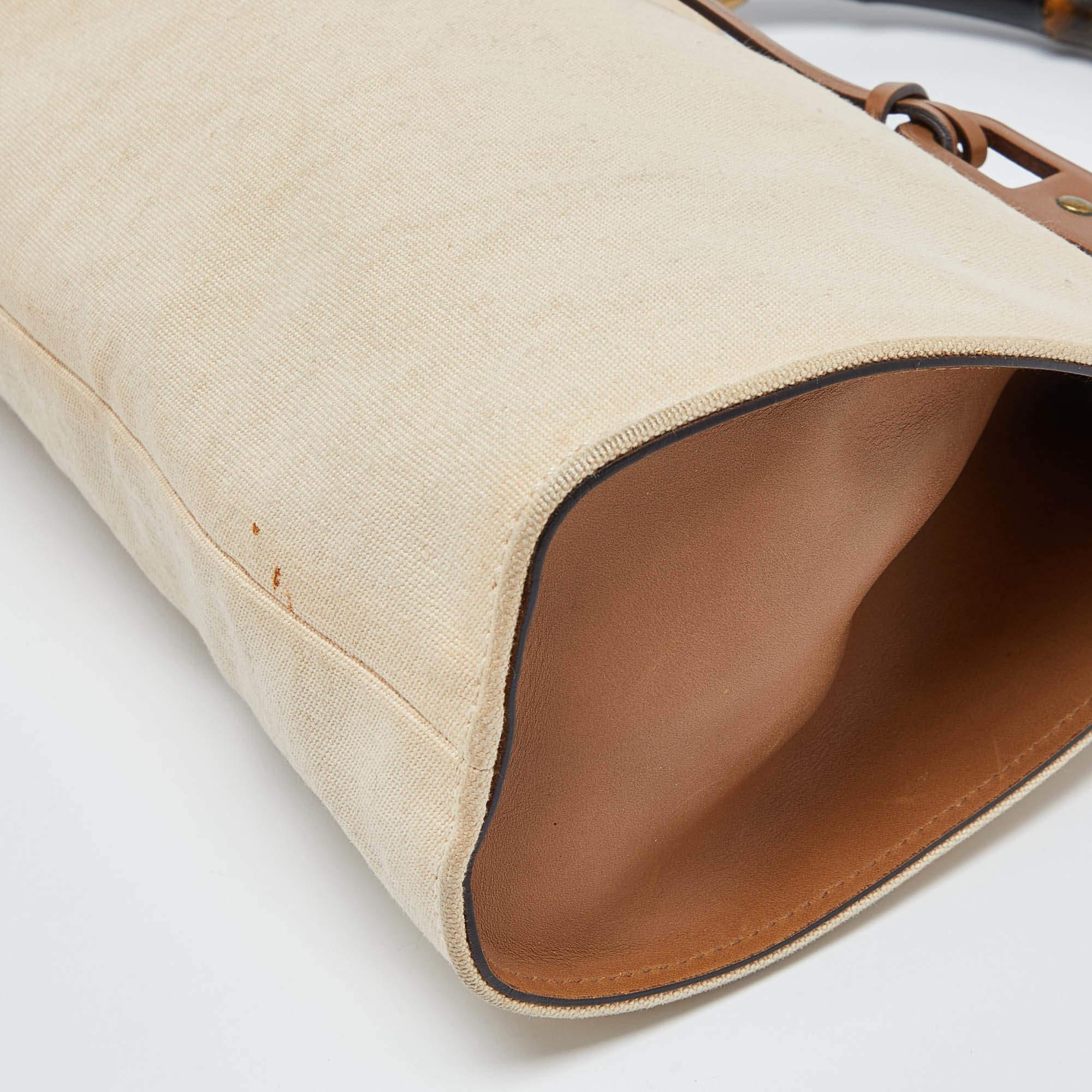 Gucci Bambus-Top-Griff-Tasche aus cremefarbenem/braunem Canvas und Leder im Angebot 5