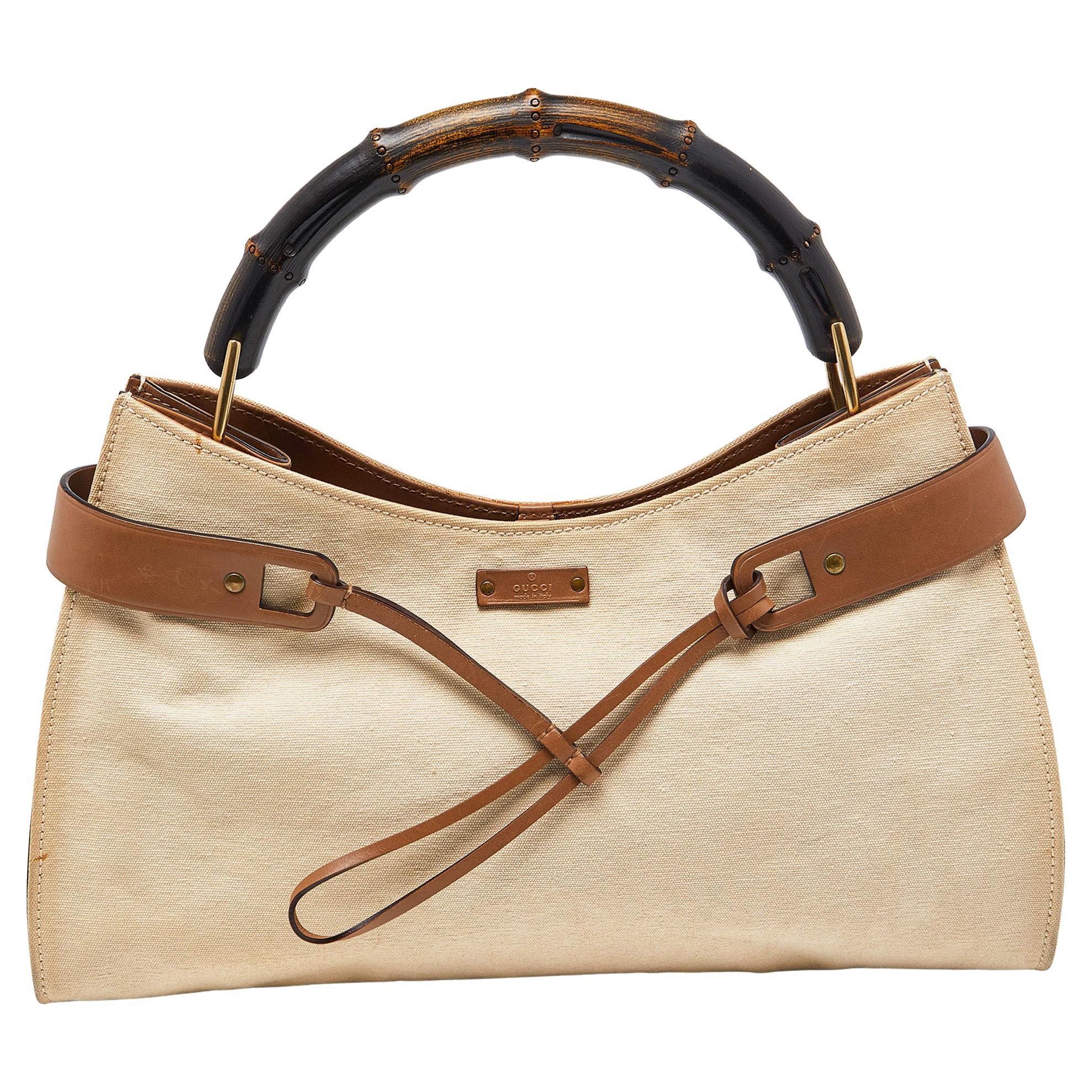 Gucci Cream/Brown Canvas and Leather Bamboo Top Handle Bag For Sale