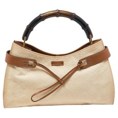 Gucci Cream/Brown Canvas and Leather Bamboo Top Handle Bag