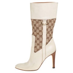 Gucci Cream/Brown Leather And Canvas Mid Calf Boots Size 39