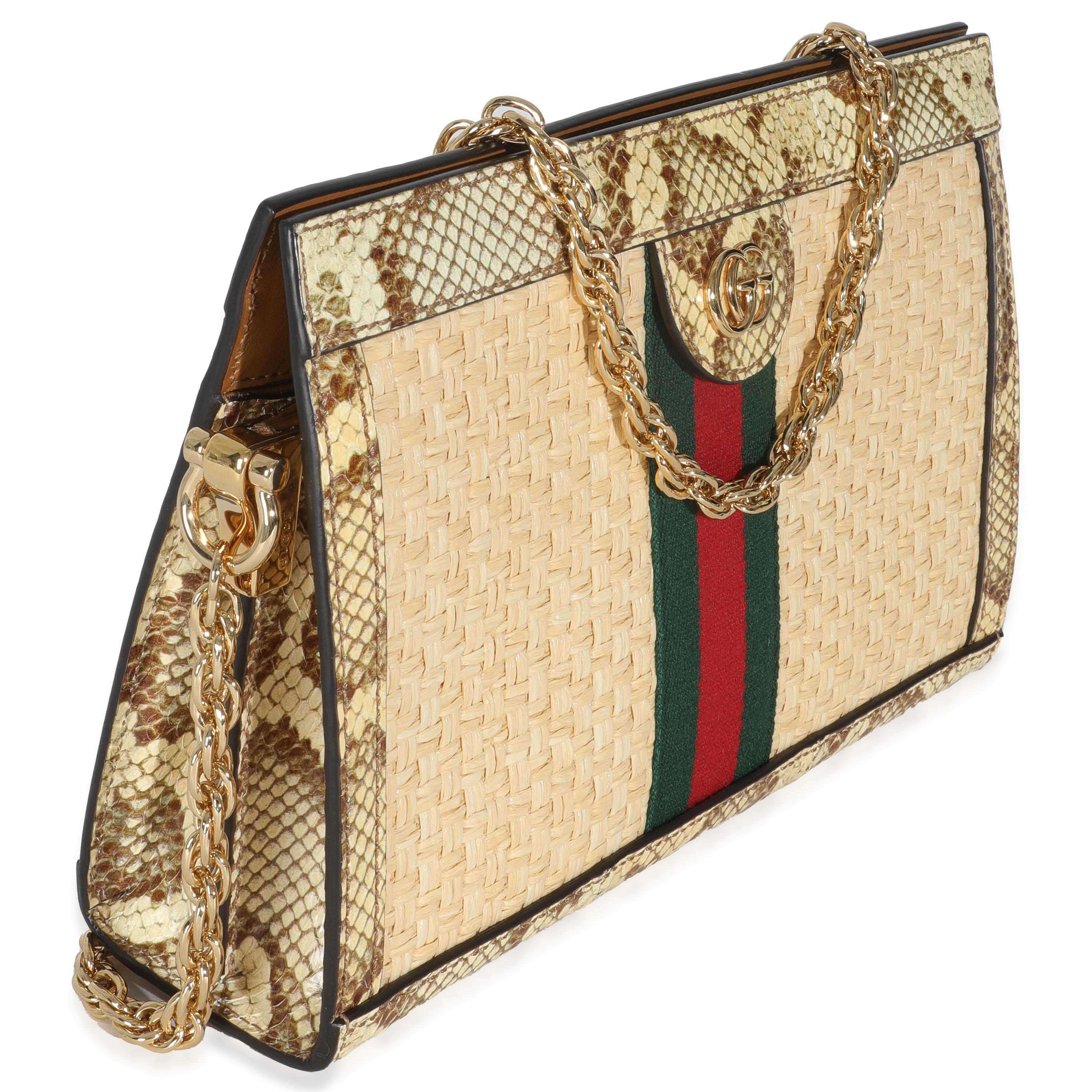 Bianco Gucci Borsa a tracolla con catena in rafia marrone crema Elaphe GG Small Ophidia in vendita
