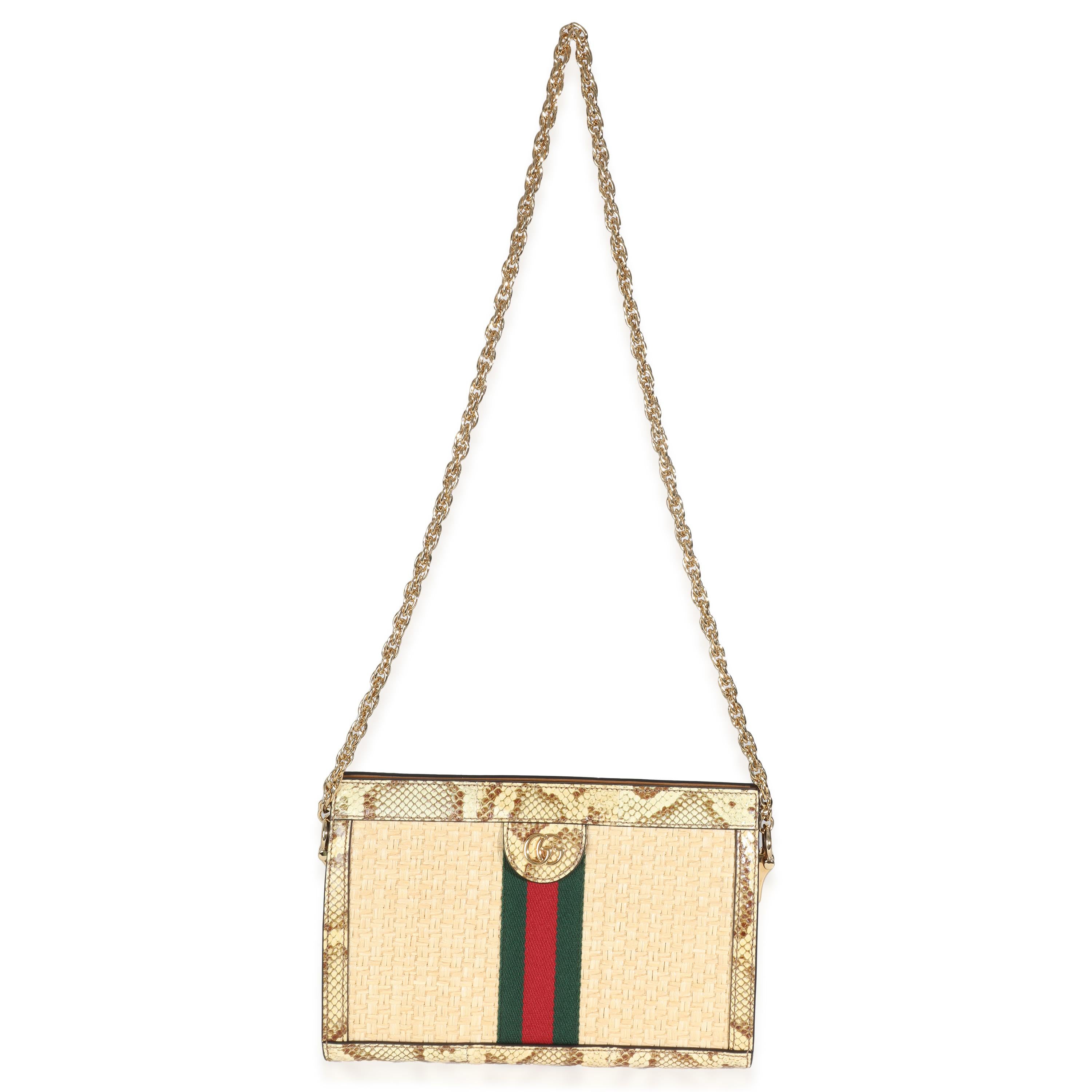 Gucci Borsa a tracolla con catena in rafia marrone crema Elaphe GG Small Ophidia in vendita 1