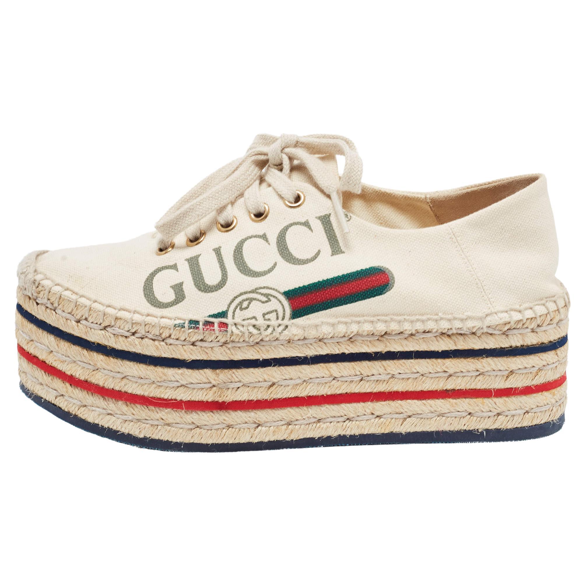 Gucci Cream Canvas Lilibeth Espadrille Platform Sneakers Size 35.5