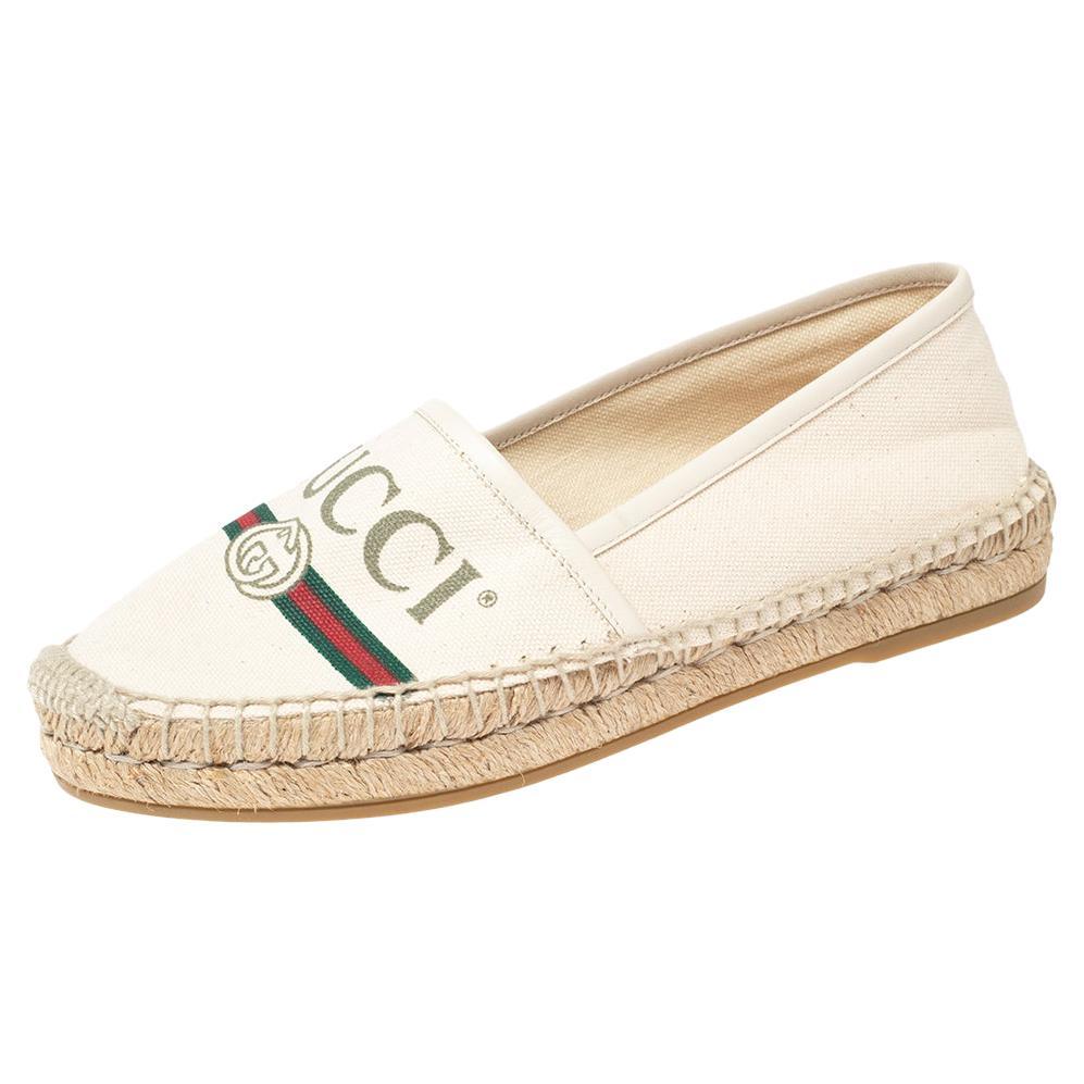 Gucci Cream Canvas Logo Espadrille Flats Size 35