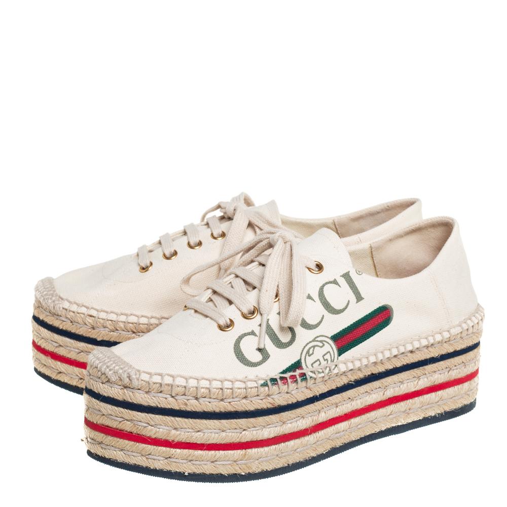 Gucci Cream Canvas Logo Platform Espadrilles Size 37 In Excellent Condition In Dubai, Al Qouz 2