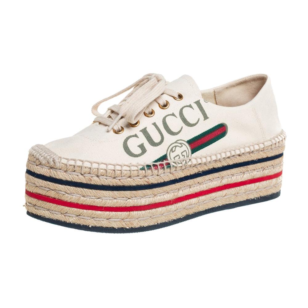 Gucci Cream Canvas Logo Platform Espadrilles Size 37