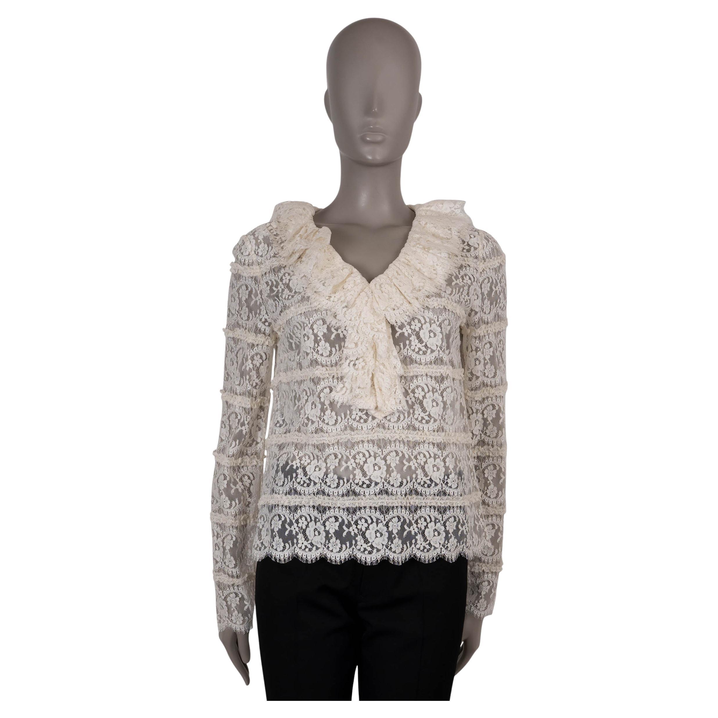 Gucci camicetta in cotone panna 2020 con lacci floreali e arricciature 42 M.