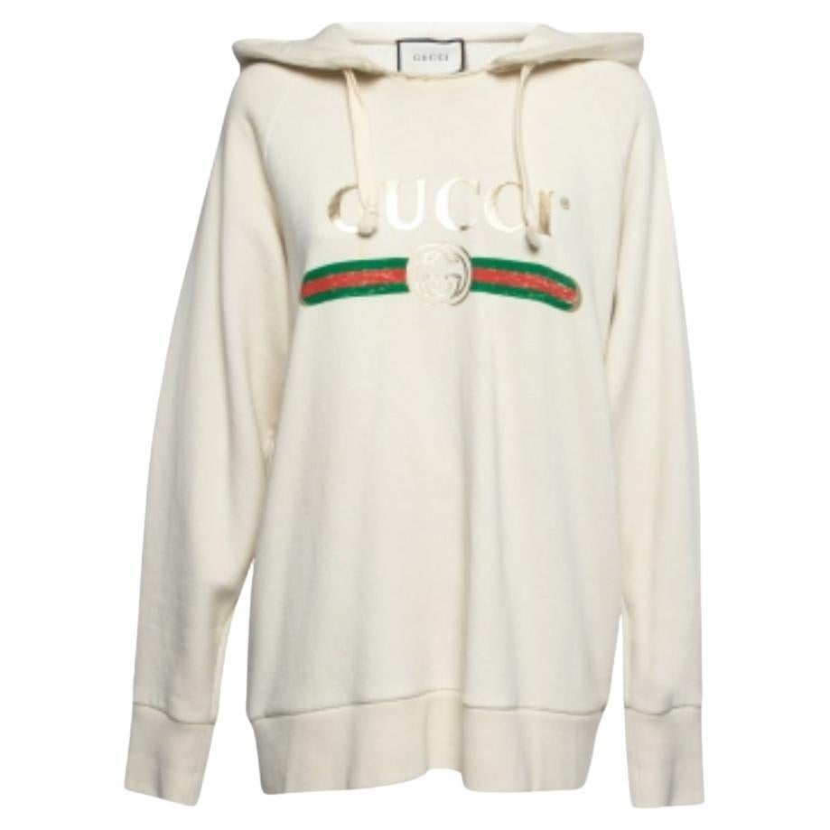 Gucci Felpa con cappuccio in cotone crema Blind for Love Dogs ricamata M. I. in vendita