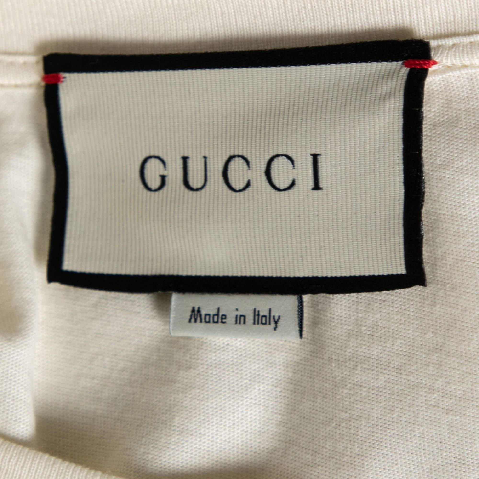 Gucci Cream Cotton Logo and Cities Printed Crewneck Short Sleeves T-Shirt S In Excellent Condition For Sale In Dubai, Al Qouz 2