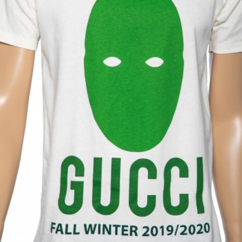 Gucci Cream Cotton Manifesto Mask Printed Crew Neck T-Shirt XS In Good Condition For Sale In Dubai, Al Qouz 2