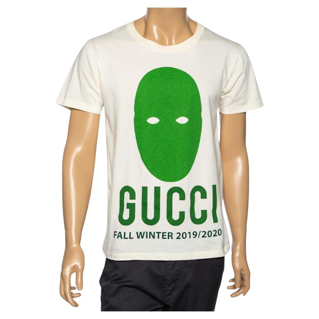 Gucci Creme Baumwolle Manifest Maske gedruckt Rundhalsausschnitt T-Shirt XS im Angebot
