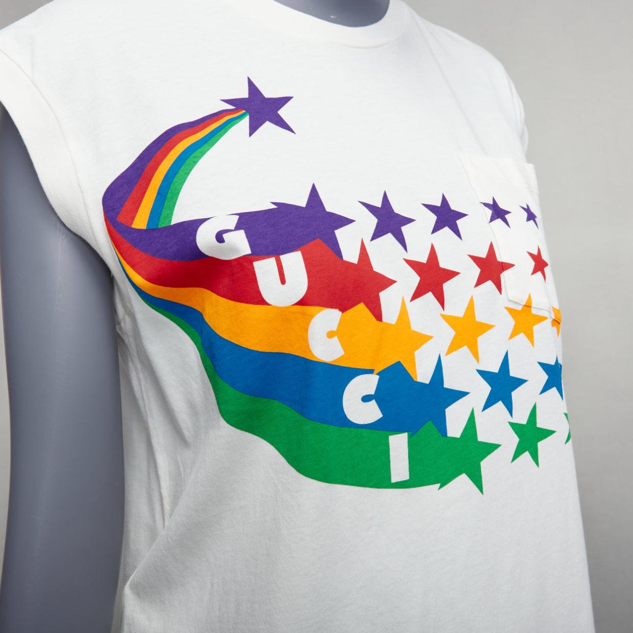 GUCCI cream cotton rainbow stars GG print cap sleeve tank top XS
Reference: EALU/A00064
Brand: Gucci
Designer: Alessandro Michele
Material: Cotton
Color: Cream, Multicolour
Pattern: Star
Closure: Pullover
Made in: Italy

CONDITION:
Condition: