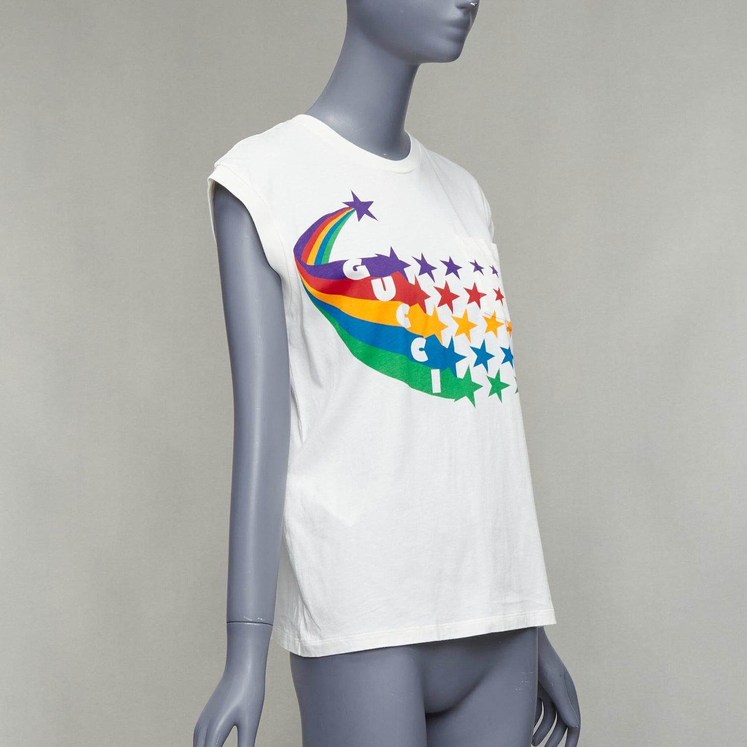 Gray GUCCI cream cotton rainbow stars GG print cap sleeve tank top XS For Sale