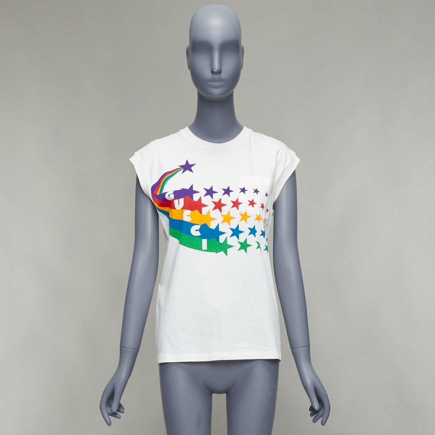 GUCCI cream cotton rainbow stars GG print cap sleeve tank top XS For Sale 4