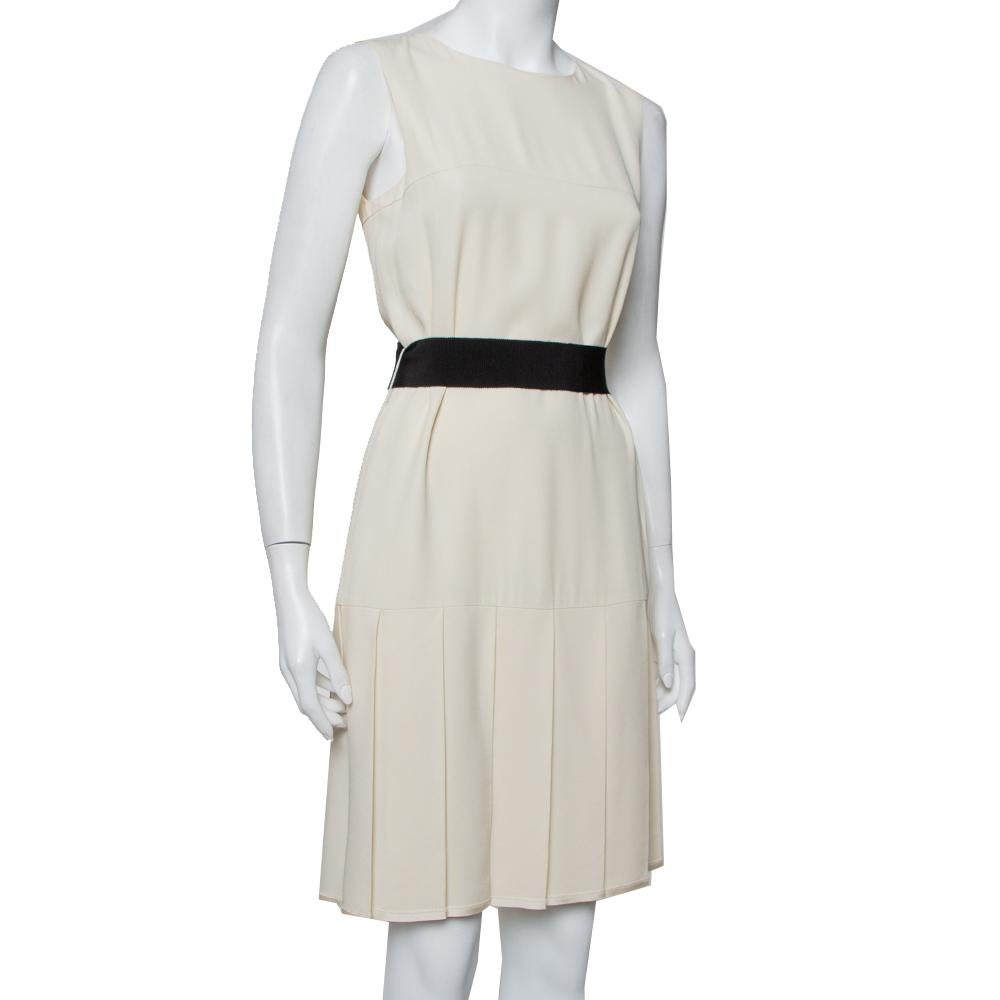 Beige Gucci Cream Crepe Pleated Hem Detail Belted Sleeveless Dress M