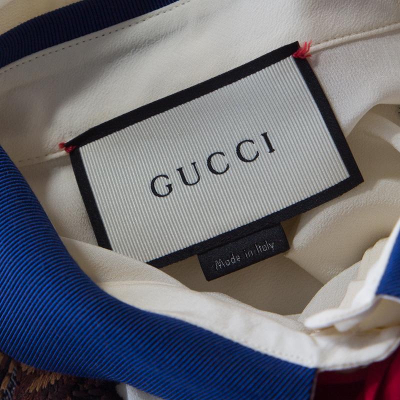 Women's Gucci Cream Crepe Silk Bee Applique Detail Button Down Bow Tie Shirt L