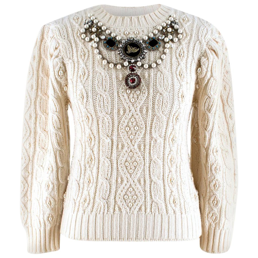 Gucci Cream Embroidered Wool Cable Knit 