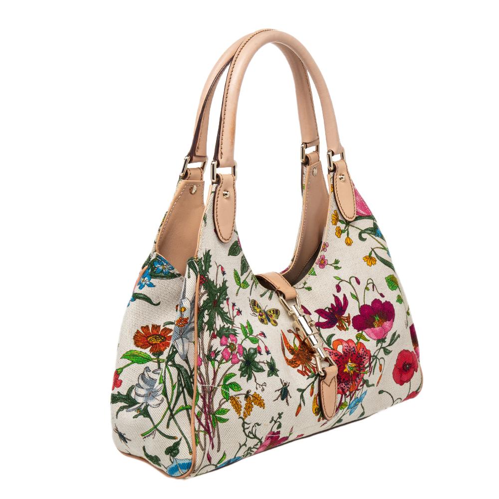 Beige Gucci Cream Floral Canvas Jackie O Hobo