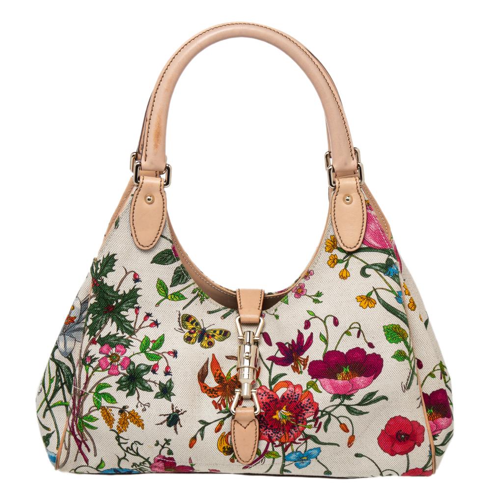 Gucci Cream Floral Canvas Jackie O Hobo at 1stDibs