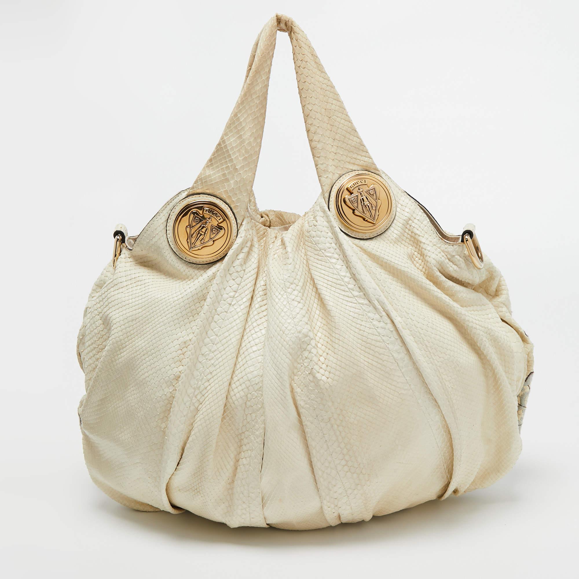 Gucci Cream Floral Embroidered Python Large Hysteria Hobo For Sale 9