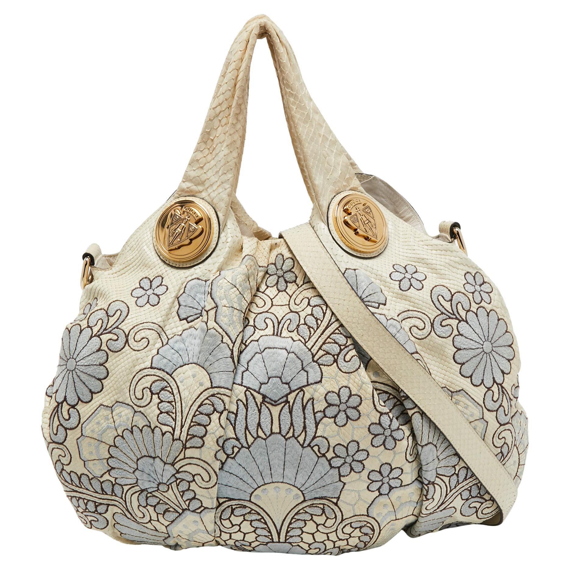 Gucci Cream Floral Embroidered Python Large Hysteria Hobo For Sale
