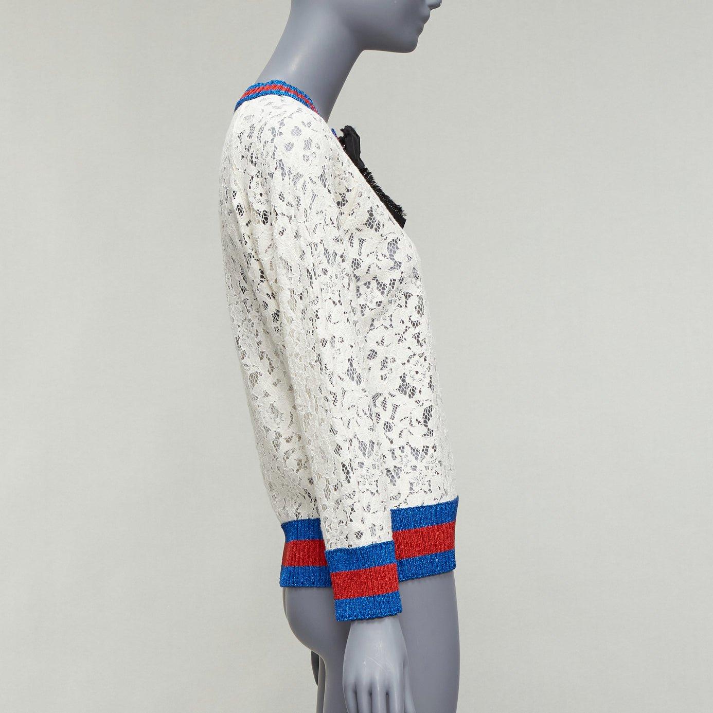 GUCCI cream floral lace black bow stripe blue red web crew sweater XS In Excellent Condition In Hong Kong, NT