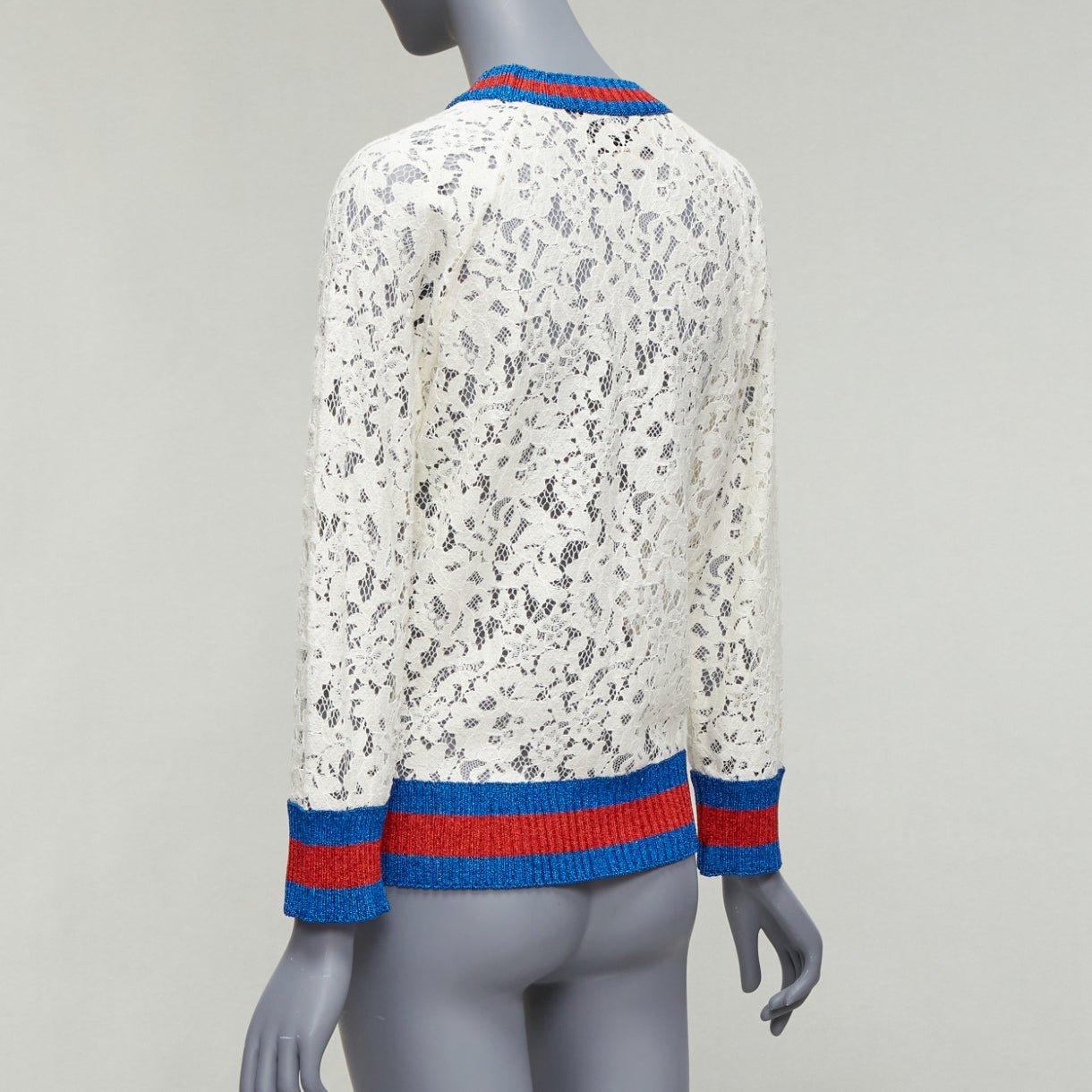 GUCCI cream floral lace black bow stripe blue red web crew sweater XS 1