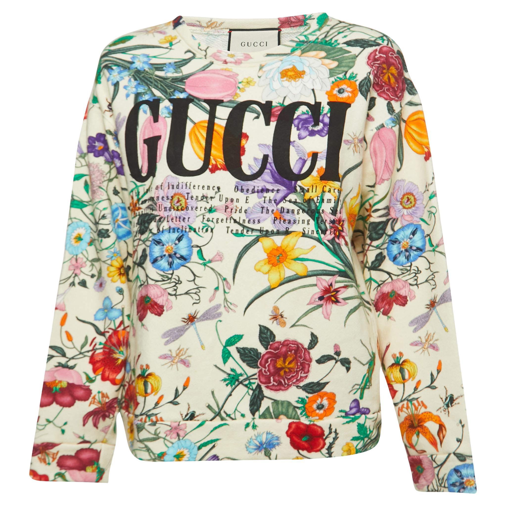 Gucci Cream Floral Printed Cotton Logo Sweatshirt S For Sale