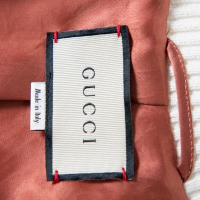 Gucci Cream Floral Printed Leather Contrast Trim Detail Bomber Jacket L For Sale 5