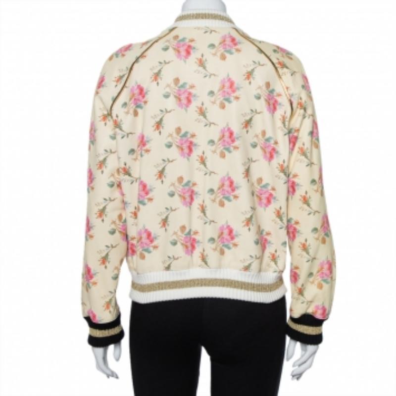 This bomber jacket from Gucci is made from leather, designed with a floral print and contrasting ribbed trims, and styled with a front zip closure, two slip pockets, and long sleeves. Say hello to your new favorite jacket!