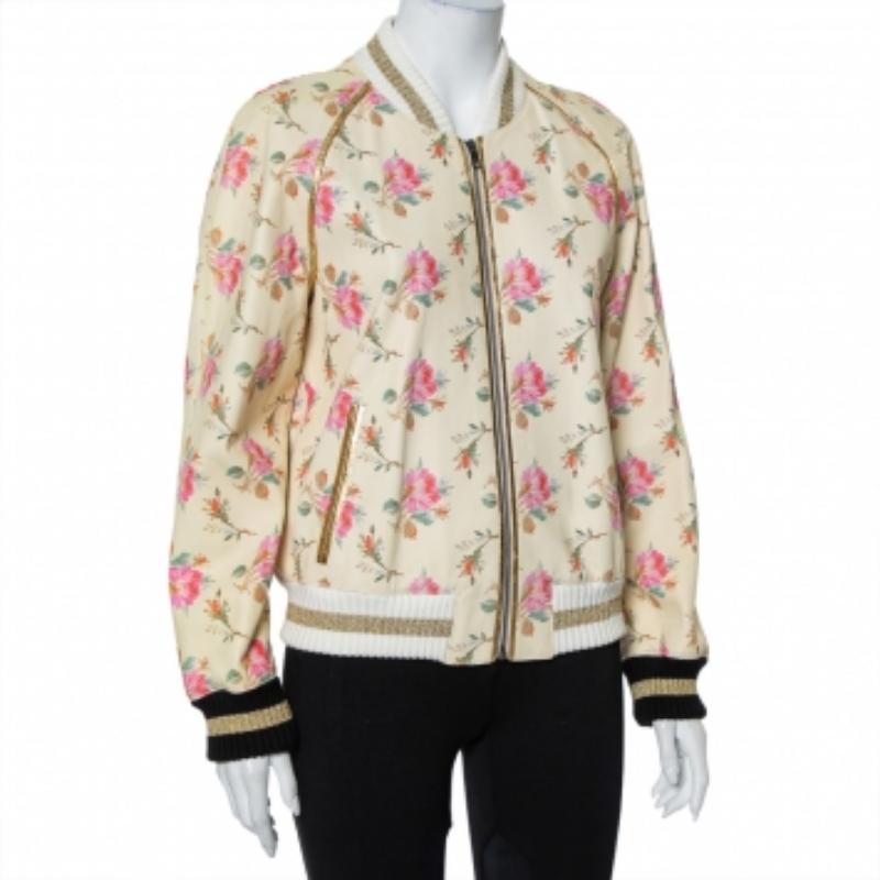 Beige Gucci Cream Floral Printed Leather Contrast Trim Detail Bomber Jacket L For Sale