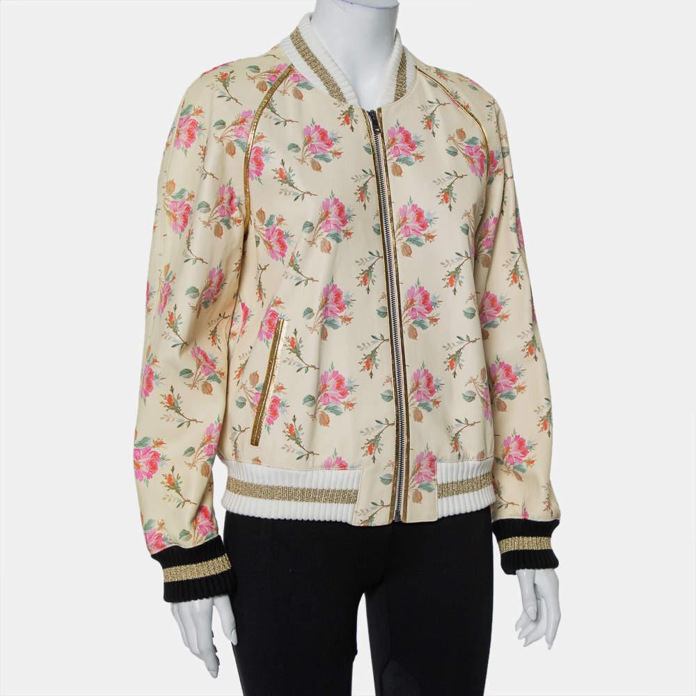 Beige Gucci Cream Floral Printed Leather Contrast Trim Detail Bomber Jacket L