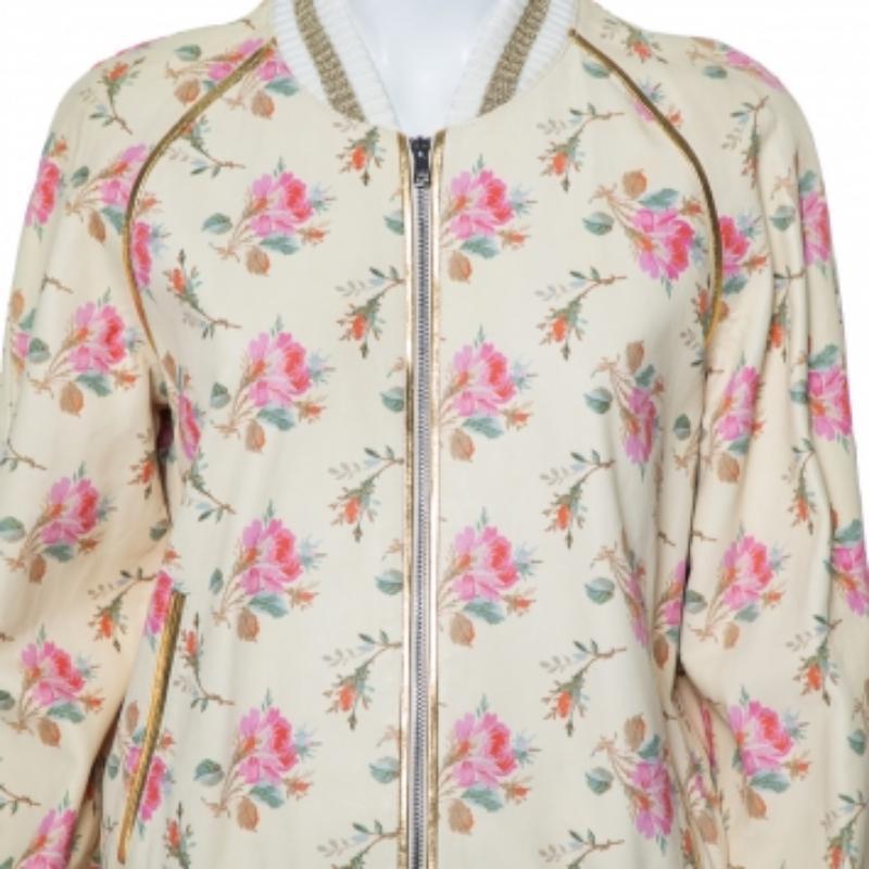 Gucci Cream Floral Printed Leather Contrast Trim Detail Bomber Jacket L In Excellent Condition For Sale In Dubai, Al Qouz 2