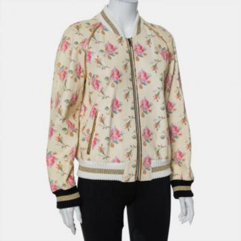 Gucci Cream Floral Printed Leather Contrast Trim Detail Bomber Jacket L For Sale 1