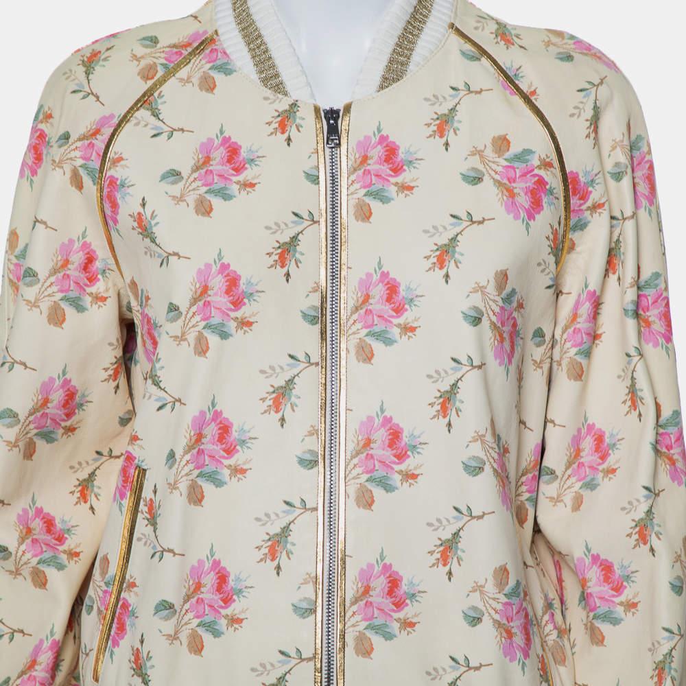 Gucci Cream Floral Printed Leather Contrast Trim Detail Bomber Jacket L For Sale 2