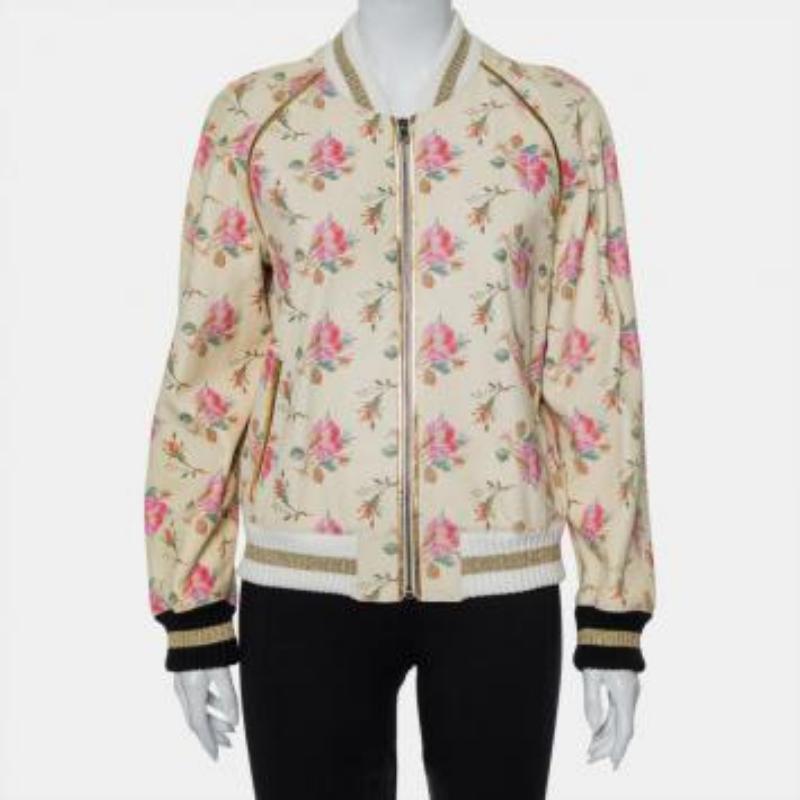 Gucci Cream Floral Printed Leather Contrast Trim Detail Bomber Jacket L For Sale 2