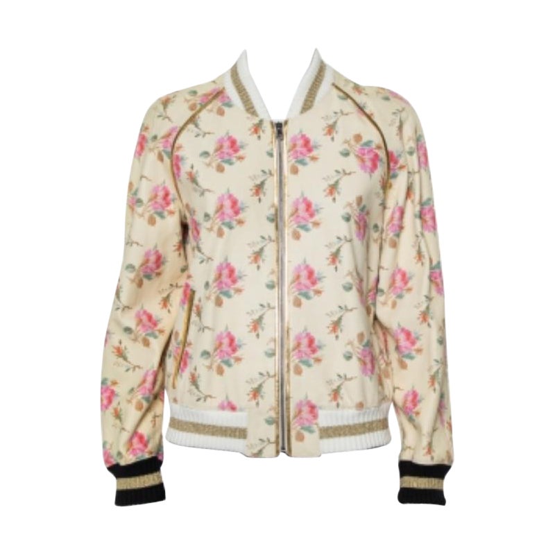 Gucci Cream Floral Printed Leather Contrast Trim Detail Bomber Jacket L