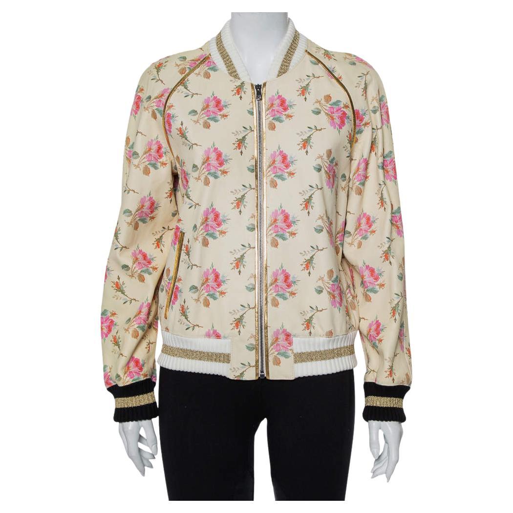 Gucci Cream Floral Printed Leather Contrast Trim Detail Bomber Jacket L