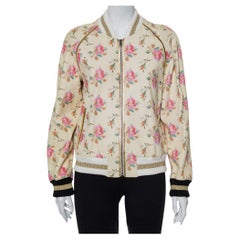 Gucci Cream Floral Printed Leather Contrast Trim Detail Bomber Jacket L